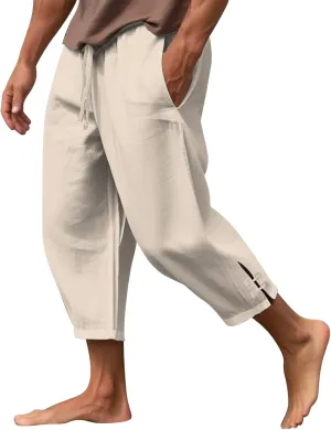 Men's Linen Casual Harem Capri Pants Lightweight Loose 3/4 Shorts Drawstring Elastic Waist Hippie Beach Yoga Trousers
