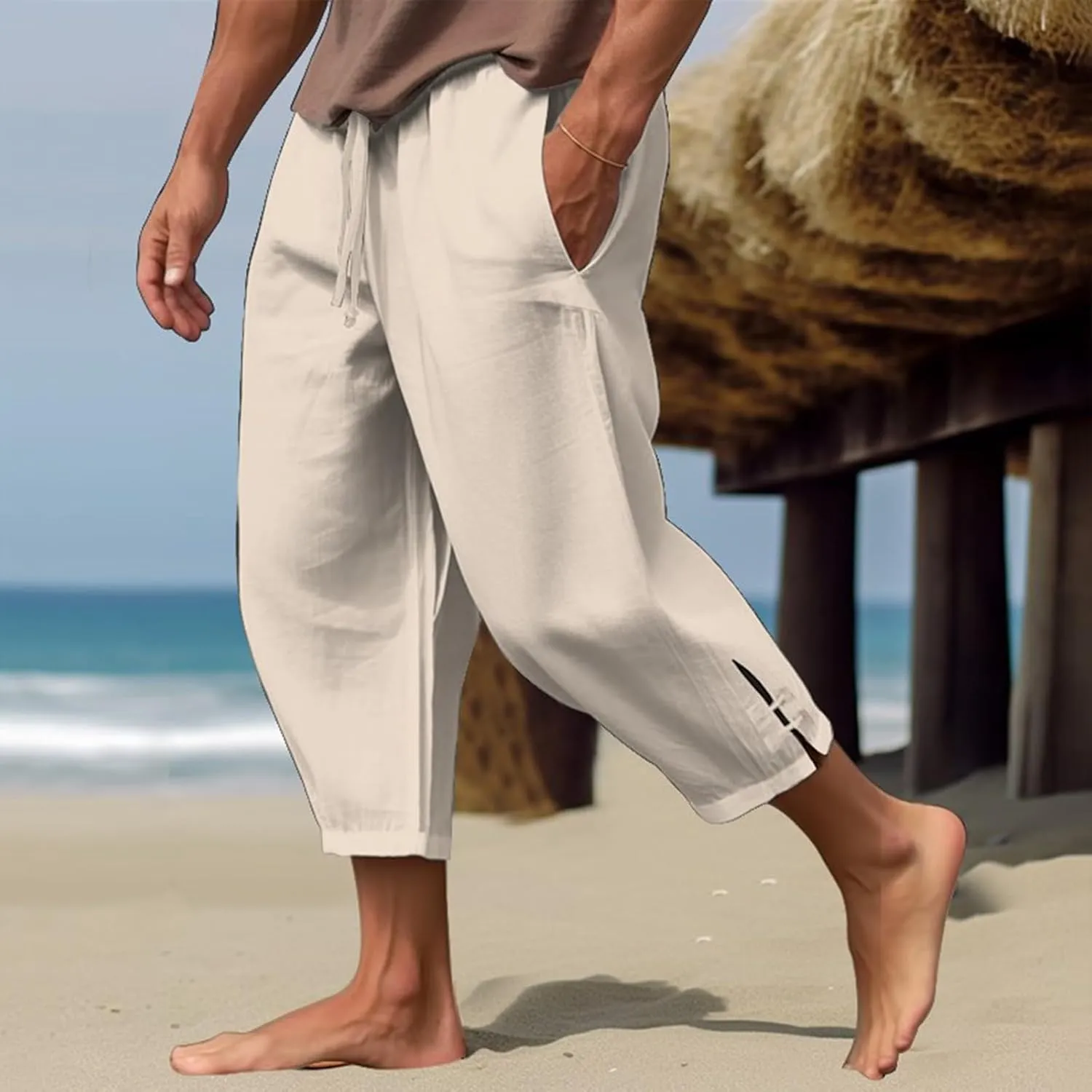 Men's Linen Casual Harem Capri Pants Lightweight Loose 3/4 Shorts Drawstring Elastic Waist Hippie Beach Yoga Trousers