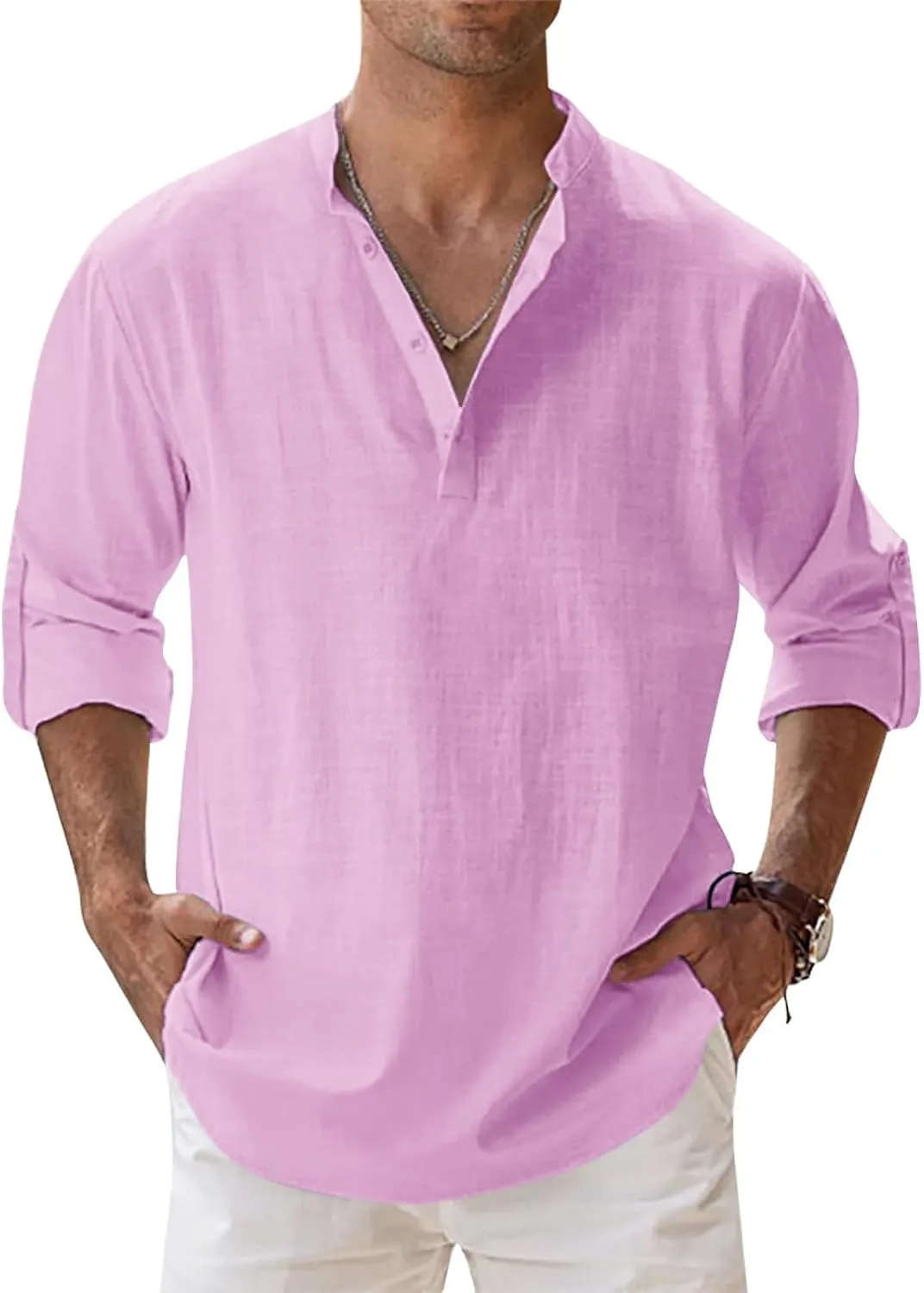 Men's Linen Cotton Long Sleeve Button Down Henley Shirt Casual Solid Band Collar Beach Shirts