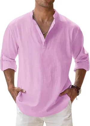 Men's Linen Cotton Long Sleeve Button Down Henley Shirt Casual Solid Band Collar Beach Shirts