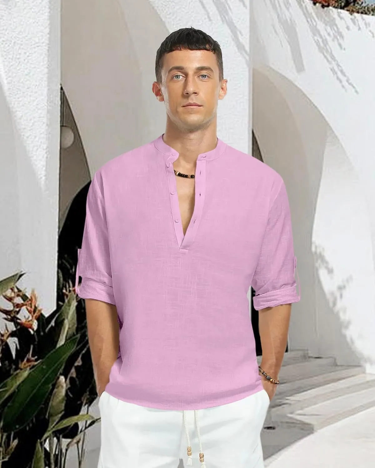 Men's Linen Cotton Long Sleeve Button Down Henley Shirt Casual Solid Band Collar Beach Shirts