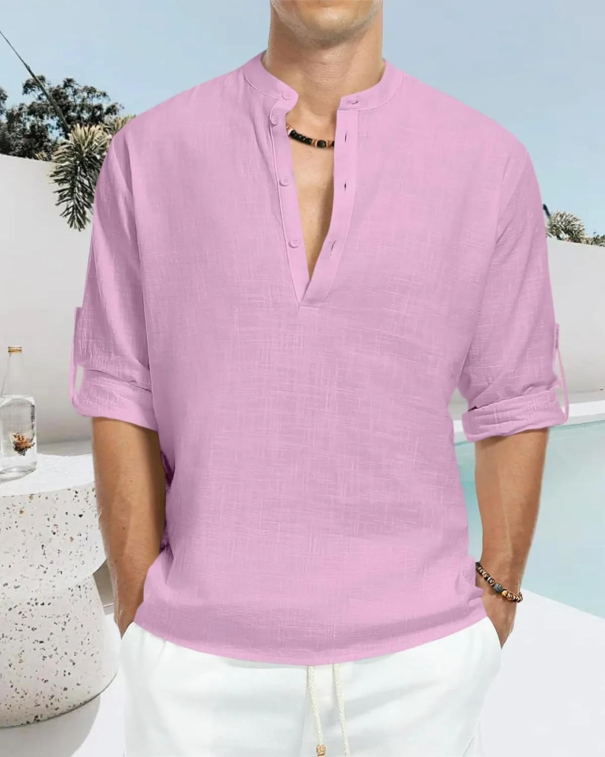 Men's Linen Cotton Long Sleeve Button Down Henley Shirt Casual Solid Band Collar Beach Shirts