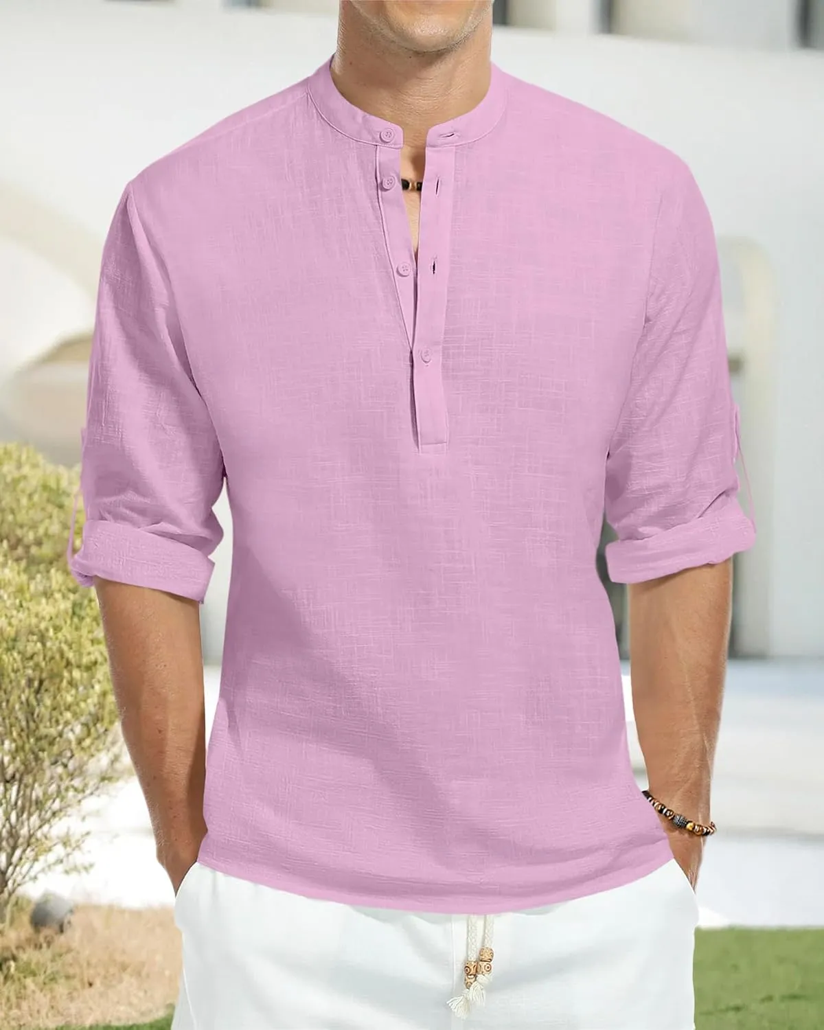 Men's Linen Cotton Long Sleeve Button Down Henley Shirt Casual Solid Band Collar Beach Shirts