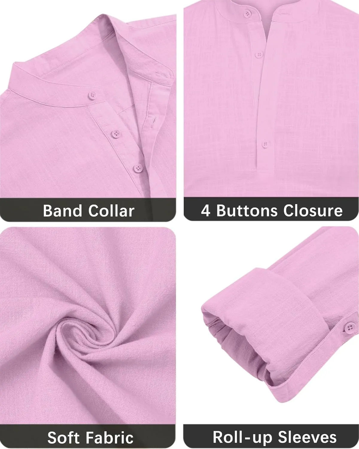 Men's Linen Cotton Long Sleeve Button Down Henley Shirt Casual Solid Band Collar Beach Shirts