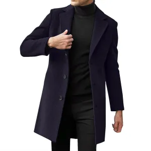 Men's Long Trench Coat Notched Collared Button Down Pea Coat Fall Winter Windproof Windbreaker Jackets Trendy Outfits