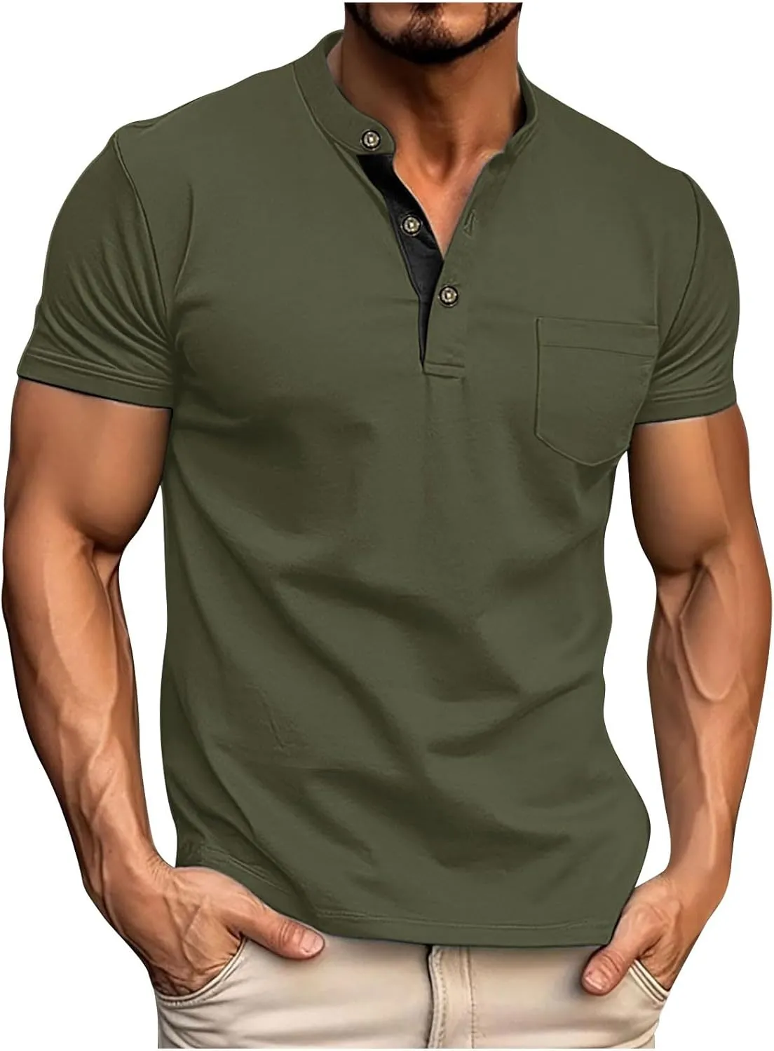 Men's Quick-Dry Short Sleeve Athletic Performance Polo Shirt Solid Color Button Stand-up Collar Pullover Golf Shirts