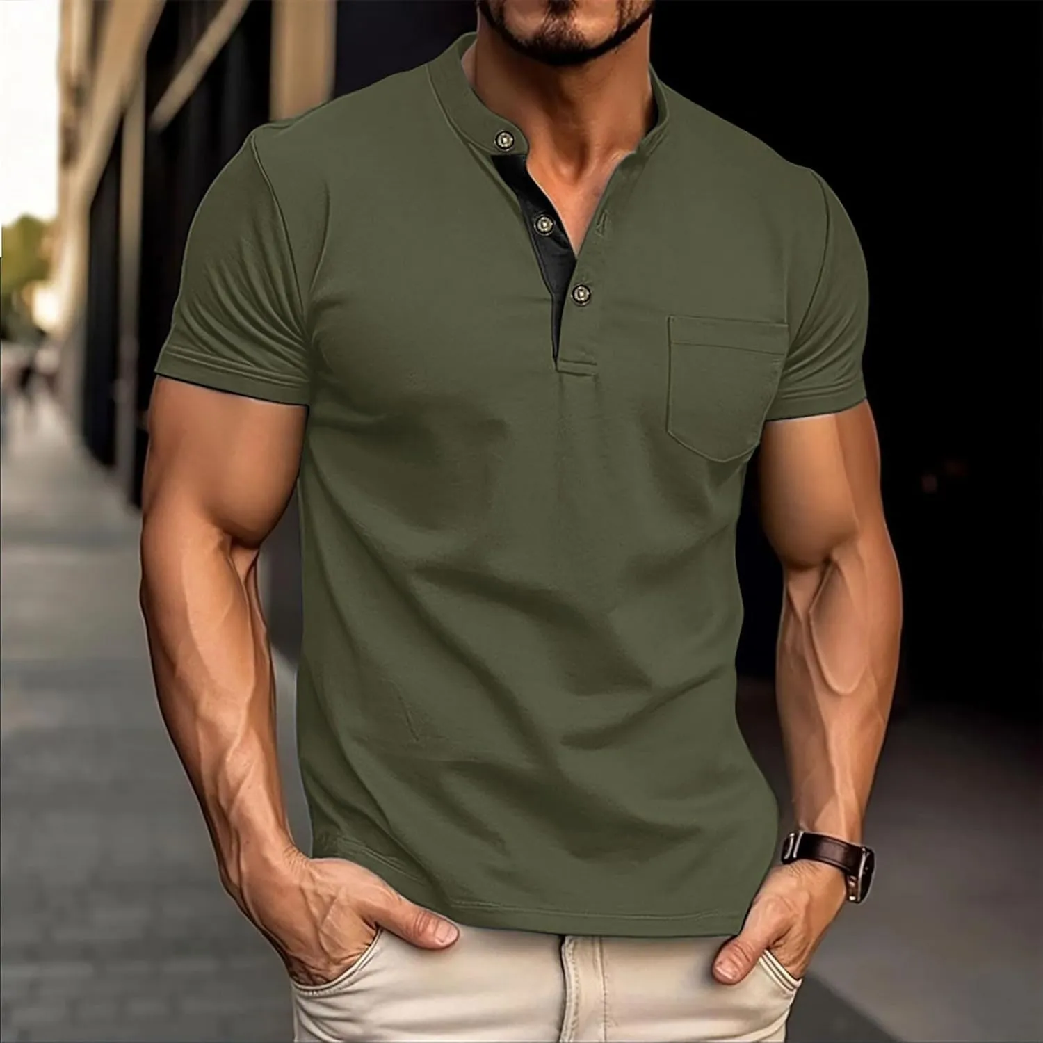 Men's Quick-Dry Short Sleeve Athletic Performance Polo Shirt Solid Color Button Stand-up Collar Pullover Golf Shirts