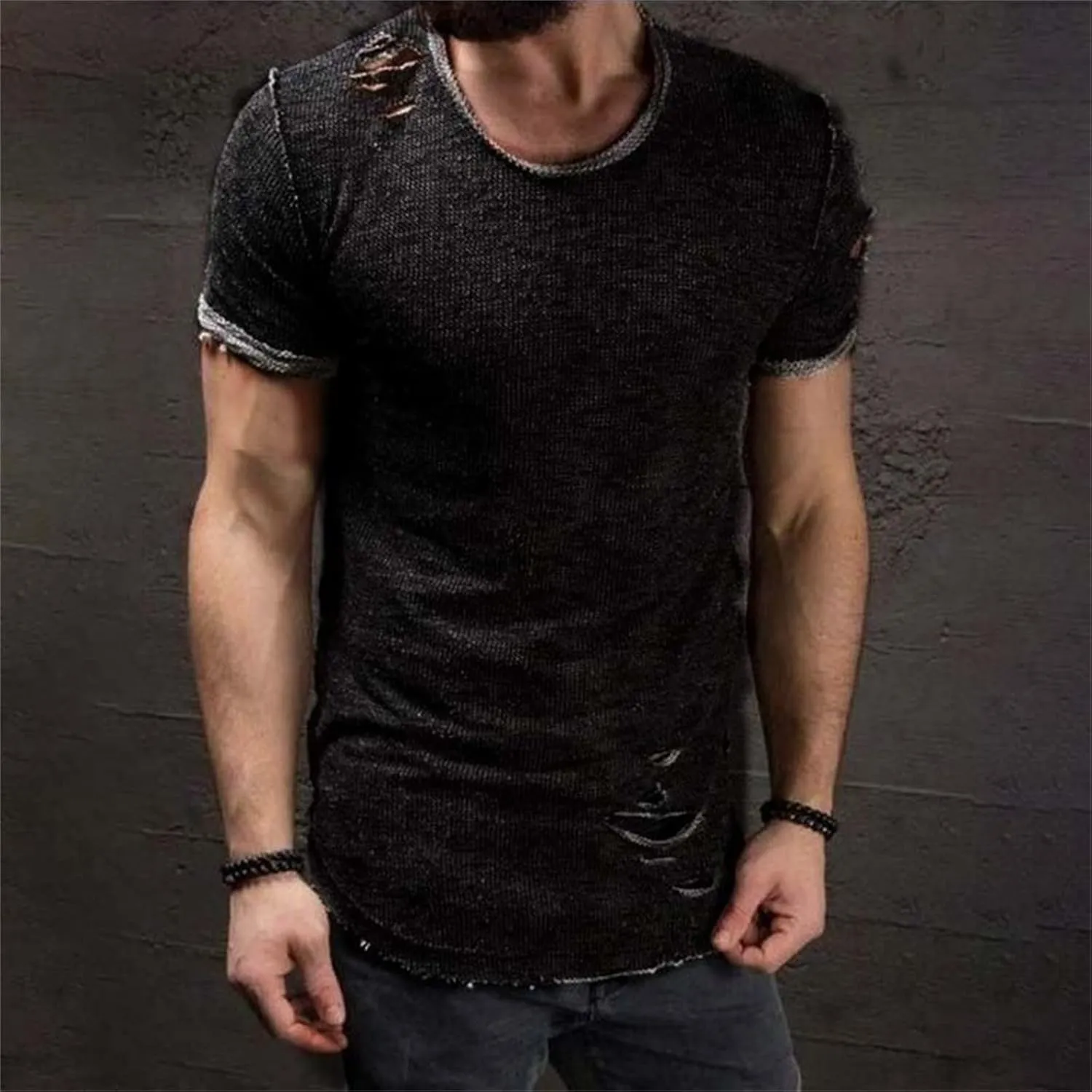 Mens Ripped T-Shirt Short Sleeve Muscle Fit Crew Neck Fashion Solid Street Hipster Tees Dressy Casual Outdoor Versatile Tops