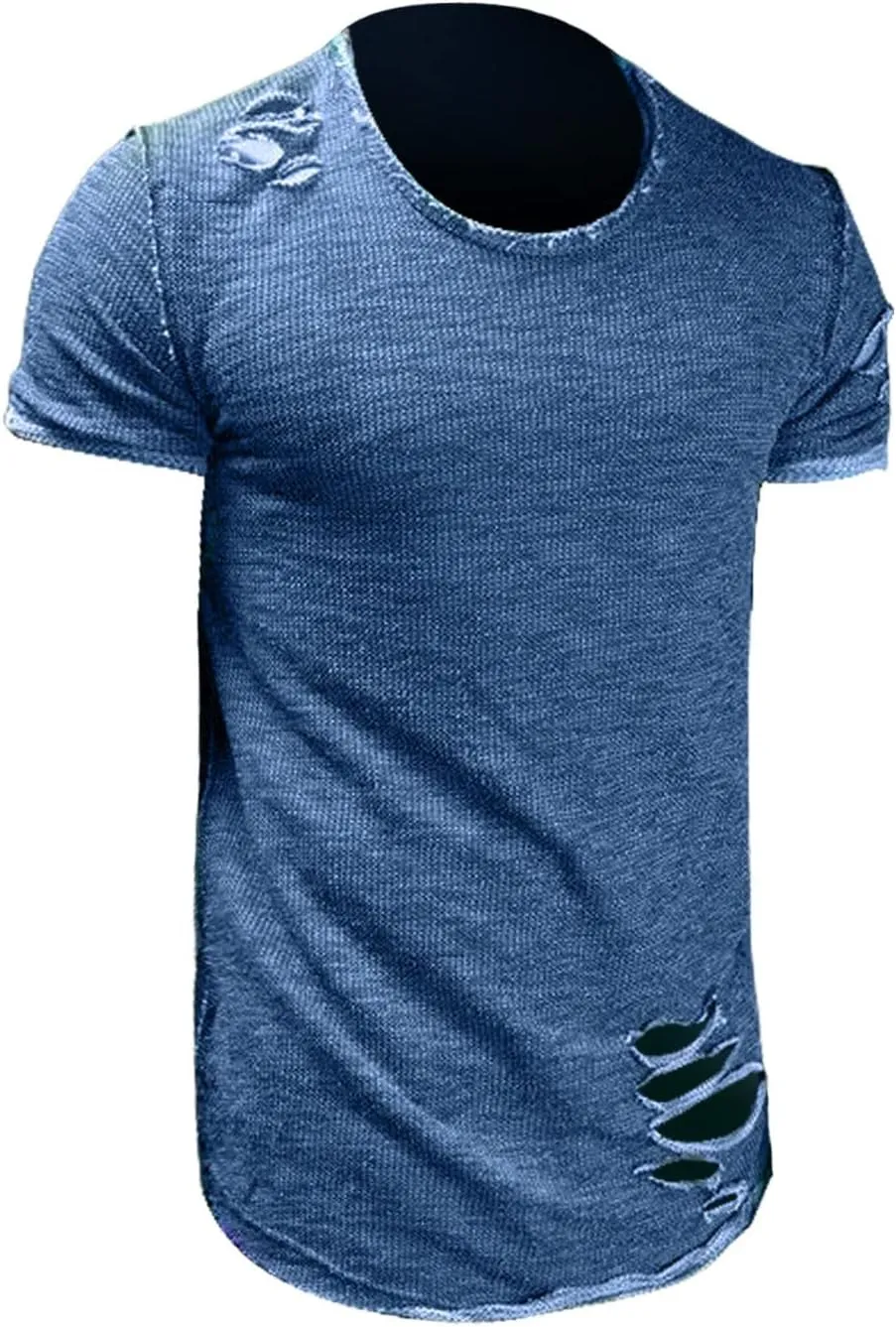 Mens Ripped T-Shirt Short Sleeve Muscle Fit Crew Neck Fashion Solid Street Hipster Tees Dressy Casual Outdoor Versatile Tops