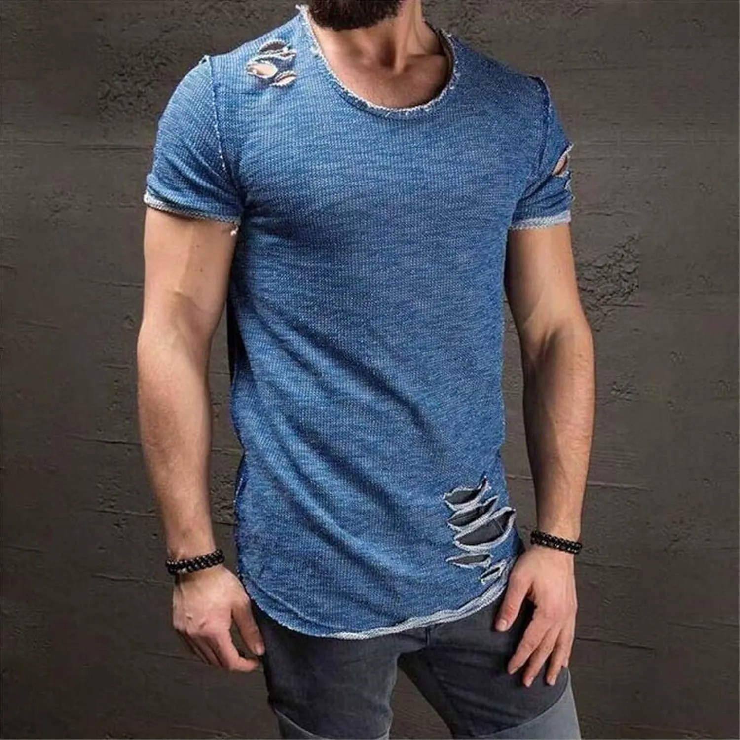 Mens Ripped T-Shirt Short Sleeve Muscle Fit Crew Neck Fashion Solid Street Hipster Tees Dressy Casual Outdoor Versatile Tops