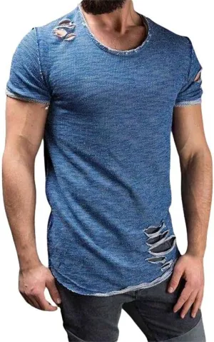 Mens Ripped T-Shirt Short Sleeve Muscle Fit Crew Neck Fashion Solid Street Hipster Tees Dressy Casual Outdoor Versatile Tops