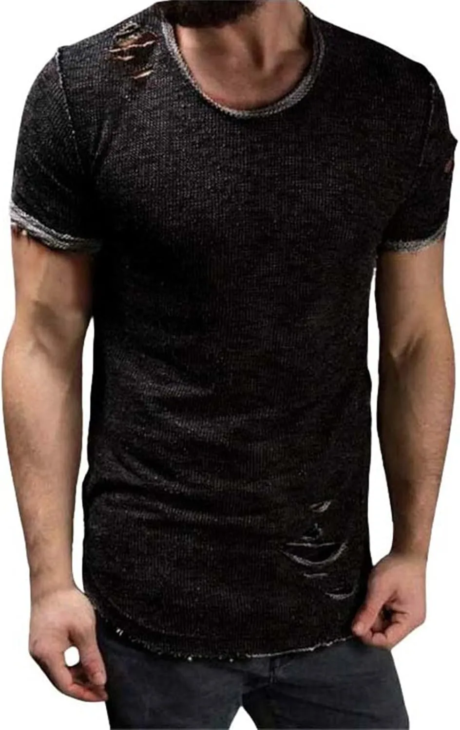 Mens Ripped T-Shirt Short Sleeve Muscle Fit Crew Neck Fashion Solid Street Hipster Tees Dressy Casual Outdoor Versatile Tops