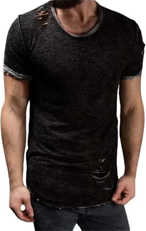 Mens Ripped T-Shirt Short Sleeve Muscle Fit Crew Neck Fashion Solid Street Hipster Tees Dressy Casual Outdoor Versatile Tops