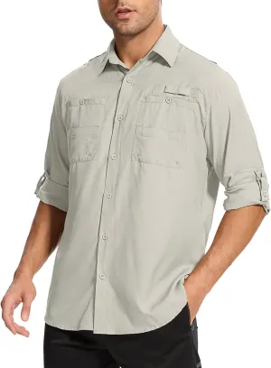 Mens Safari Shirt Long Sleeve UPF 50  Sun Protection Fishing Shirts MenConvertible Cuffs Hiking Shirts for Men