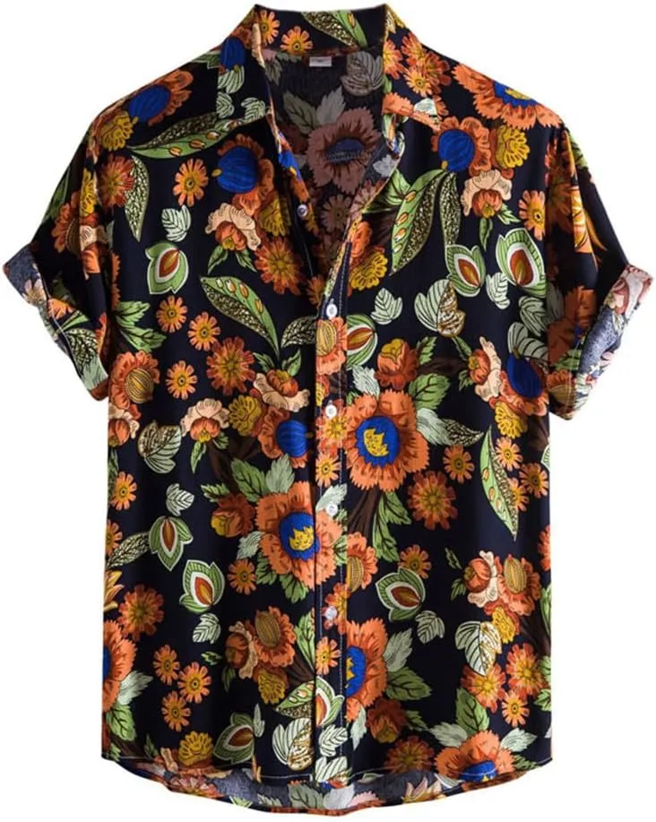 Men's Short Sleeve Shirts Vintage Floral Hawaiian Tops Quick Dry Breathable Dress Shirts