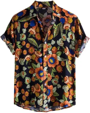 Men's Short Sleeve Shirts Vintage Floral Hawaiian Tops Quick Dry Breathable Dress Shirts