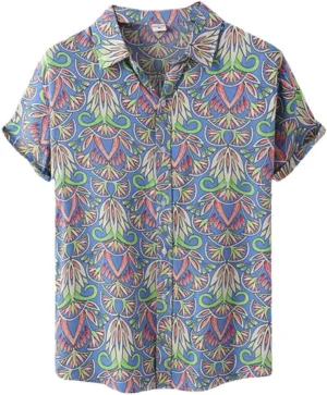 Men's Short Sleeve Shirts Vintage Floral Hawaiian Tops Quick Dry Breathable Dress Shirts