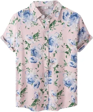 Men's Short Sleeve Shirts Vintage Floral Hawaiian Tops Quick Dry Breathable Dress Shirts