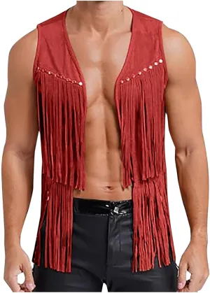 Men's Sleeveless V Neck Fringe Trim Open Front Studded Cowboy Western Hippie Faux Suede Vest Jacket Tassel Tops