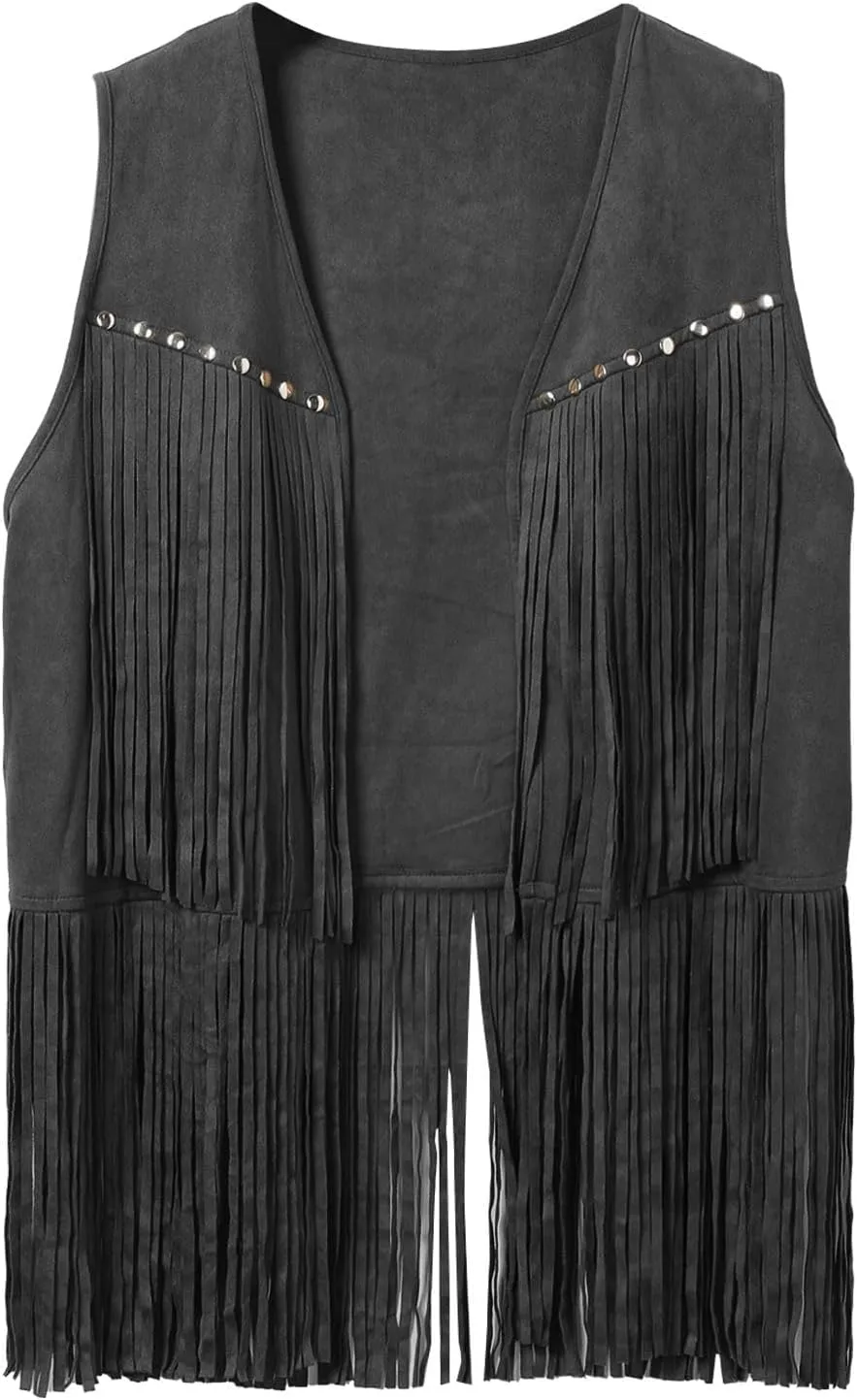 Men's Sleeveless V Neck Fringe Trim Open Front Studded Cowboy Western Hippie Faux Suede Vest Jacket Tassel Tops