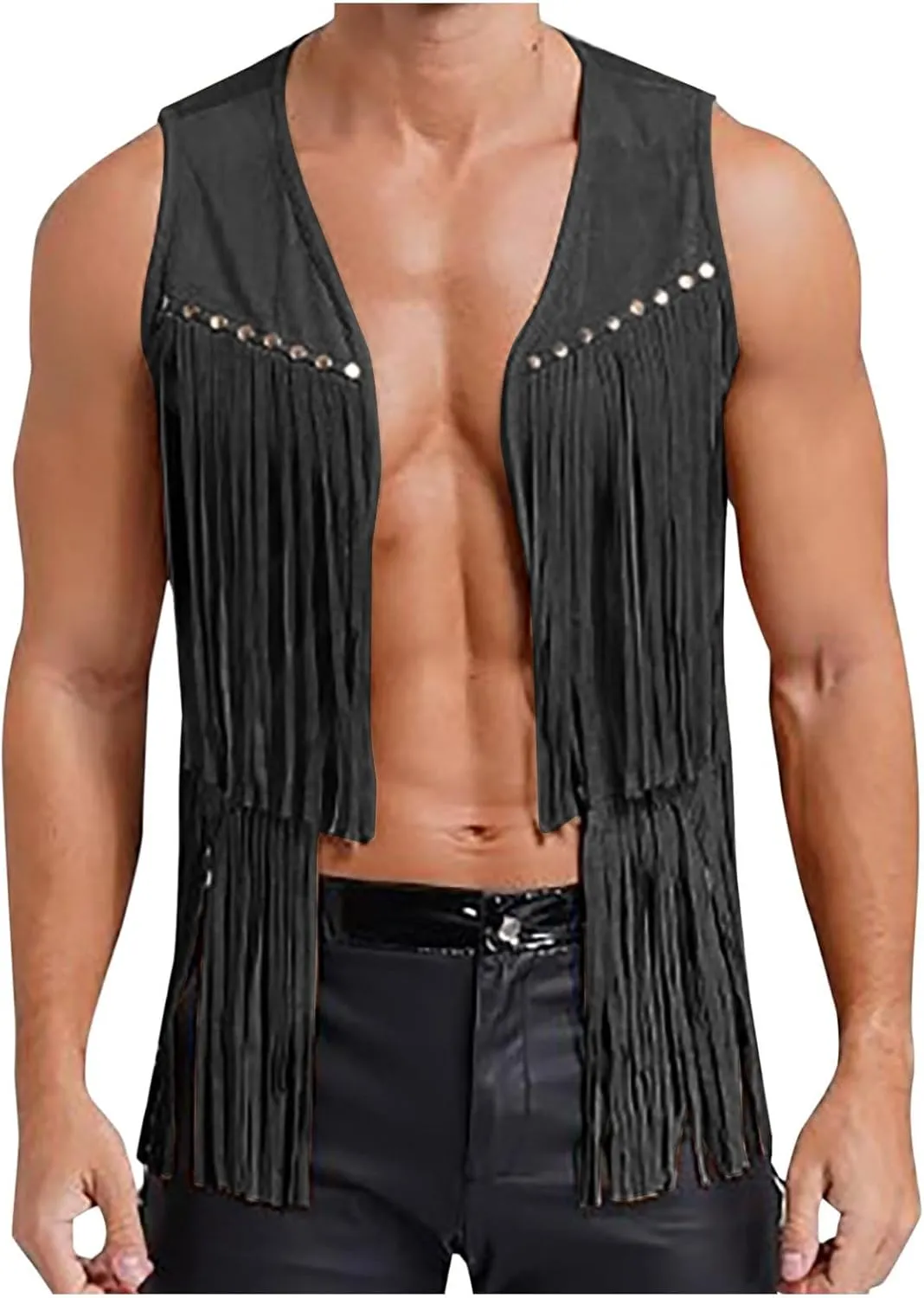 Men's Sleeveless V Neck Fringe Trim Open Front Studded Cowboy Western Hippie Faux Suede Vest Jacket Tassel Tops