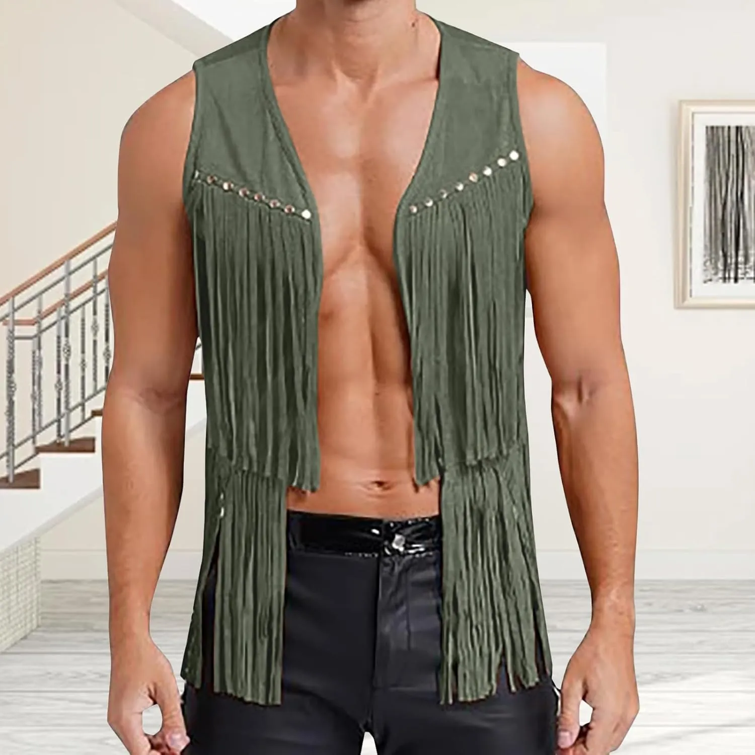 Men's Sleeveless V Neck Fringe Trim Open Front Studded Cowboy Western Hippie Faux Suede Vest Jacket Tassel Tops
