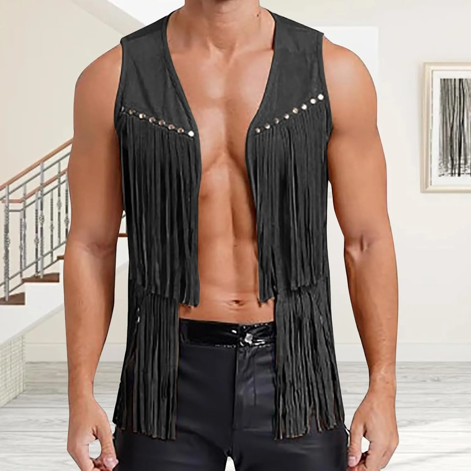 Men's Sleeveless V Neck Fringe Trim Open Front Studded Cowboy Western Hippie Faux Suede Vest Jacket Tassel Tops