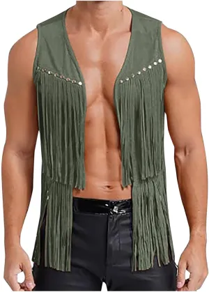 Men's Sleeveless V Neck Fringe Trim Open Front Studded Cowboy Western Hippie Faux Suede Vest Jacket Tassel Tops
