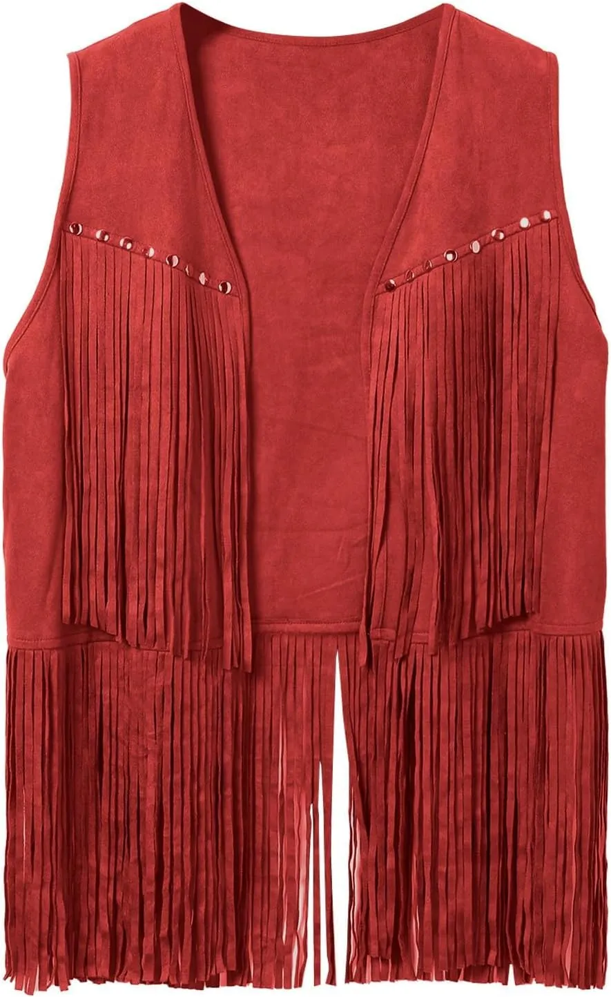 Men's Sleeveless V Neck Fringe Trim Open Front Studded Cowboy Western Hippie Faux Suede Vest Jacket Tassel Tops