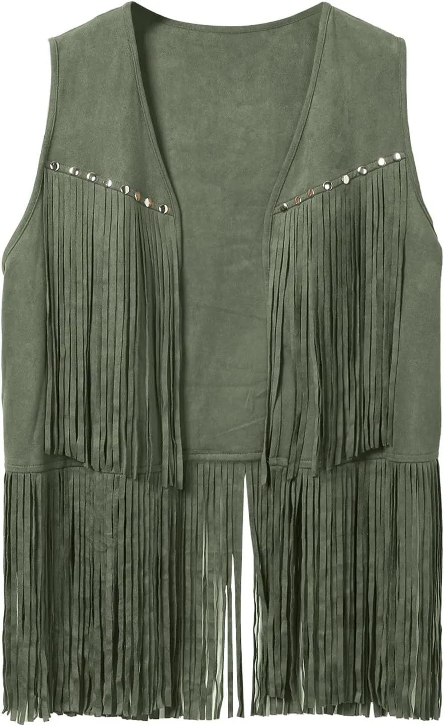 Men's Sleeveless V Neck Fringe Trim Open Front Studded Cowboy Western Hippie Faux Suede Vest Jacket Tassel Tops