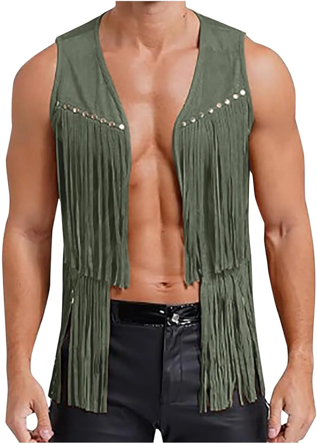 Men's Sleeveless V Neck Fringe Trim Open Front Studded Cowboy Western Hippie Faux Suede Vest Jacket Tassel Tops