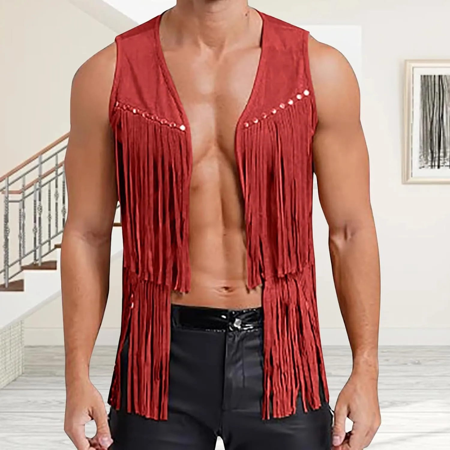 Men's Sleeveless V Neck Fringe Trim Open Front Studded Cowboy Western Hippie Faux Suede Vest Jacket Tassel Tops