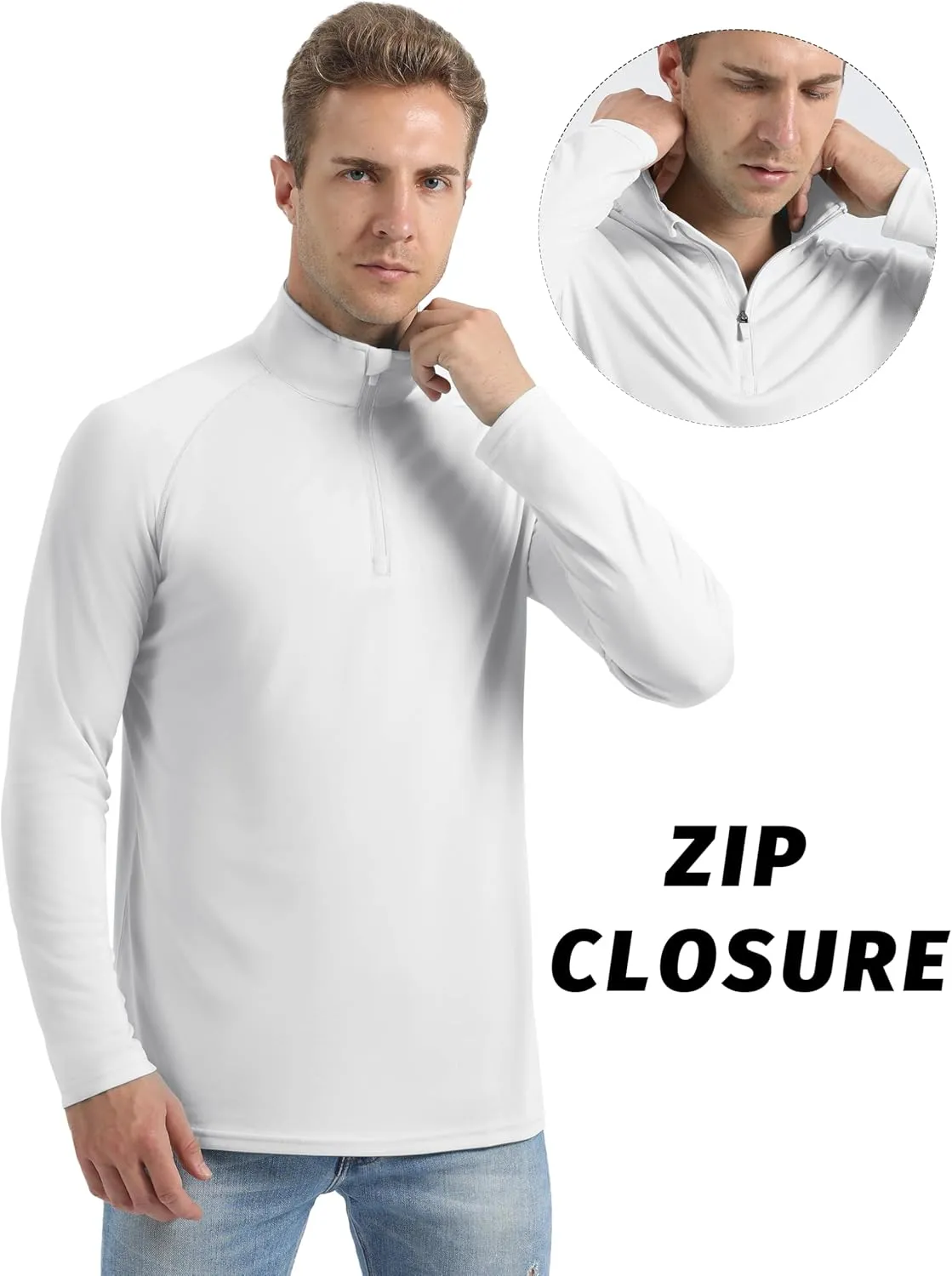 Mens UPF50  Sun Shirts Uv Protection Long Sleeve Rush Guard 1/4 Zip Lightweight Quick Dry Athletic T-Shirts