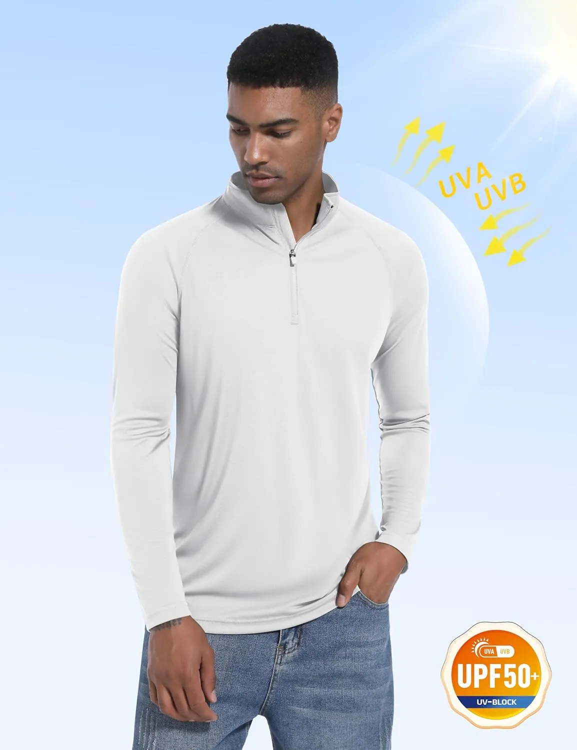 Mens UPF50  Sun Shirts Uv Protection Long Sleeve Rush Guard 1/4 Zip Lightweight Quick Dry Athletic T-Shirts