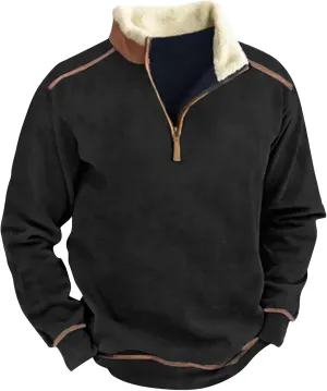 Men's Vintage Western Cowboy Zipper Sweatshirt Fluffy Fleece Sweater 1/4 Zip Stand Collar Cowboy Print Jacket Coats