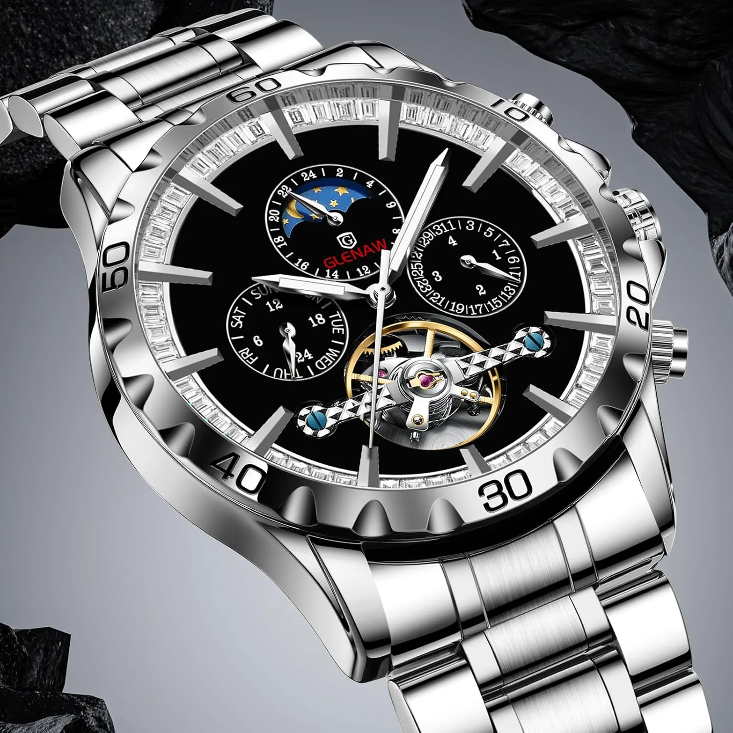 Mens Watches Automatic Mechanical Skeleton Tourbillon Luxury Self Winding Dress Wrist Watches Moon Phase Waterproof Luminous