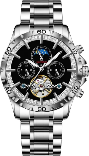 Mens Watches Automatic Mechanical Skeleton Tourbillon Luxury Self Winding Dress Wrist Watches Moon Phase Waterproof Luminous