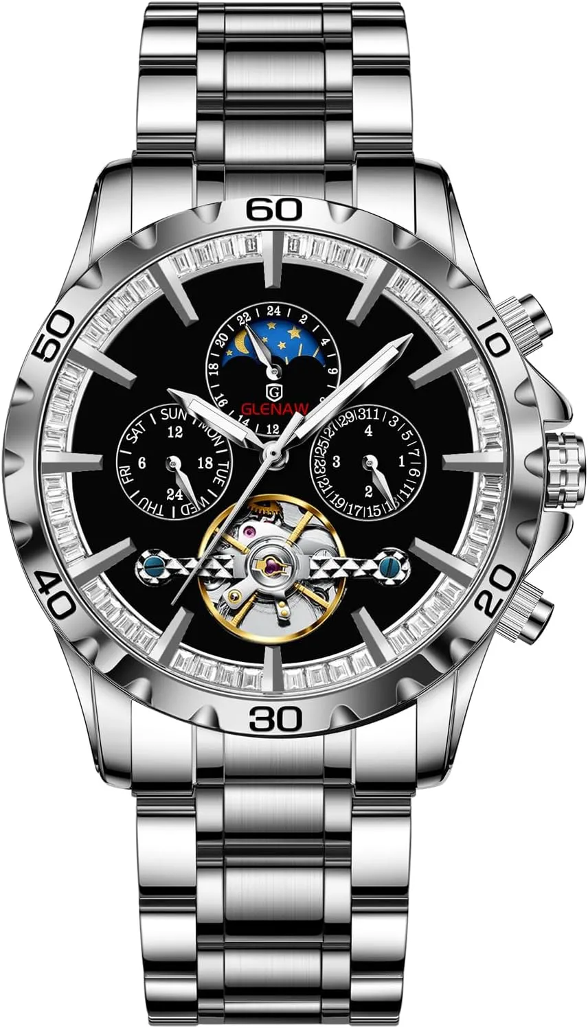 Mens Watches Automatic Mechanical Skeleton Tourbillon Luxury Self Winding Dress Wrist Watches Moon Phase Waterproof Luminous