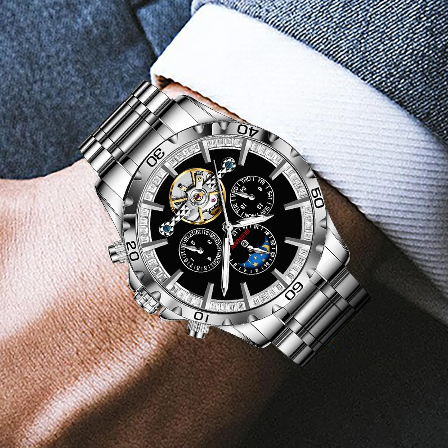 Mens Watches Automatic Mechanical Skeleton Tourbillon Luxury Self Winding Dress Wrist Watches Moon Phase Waterproof Luminous