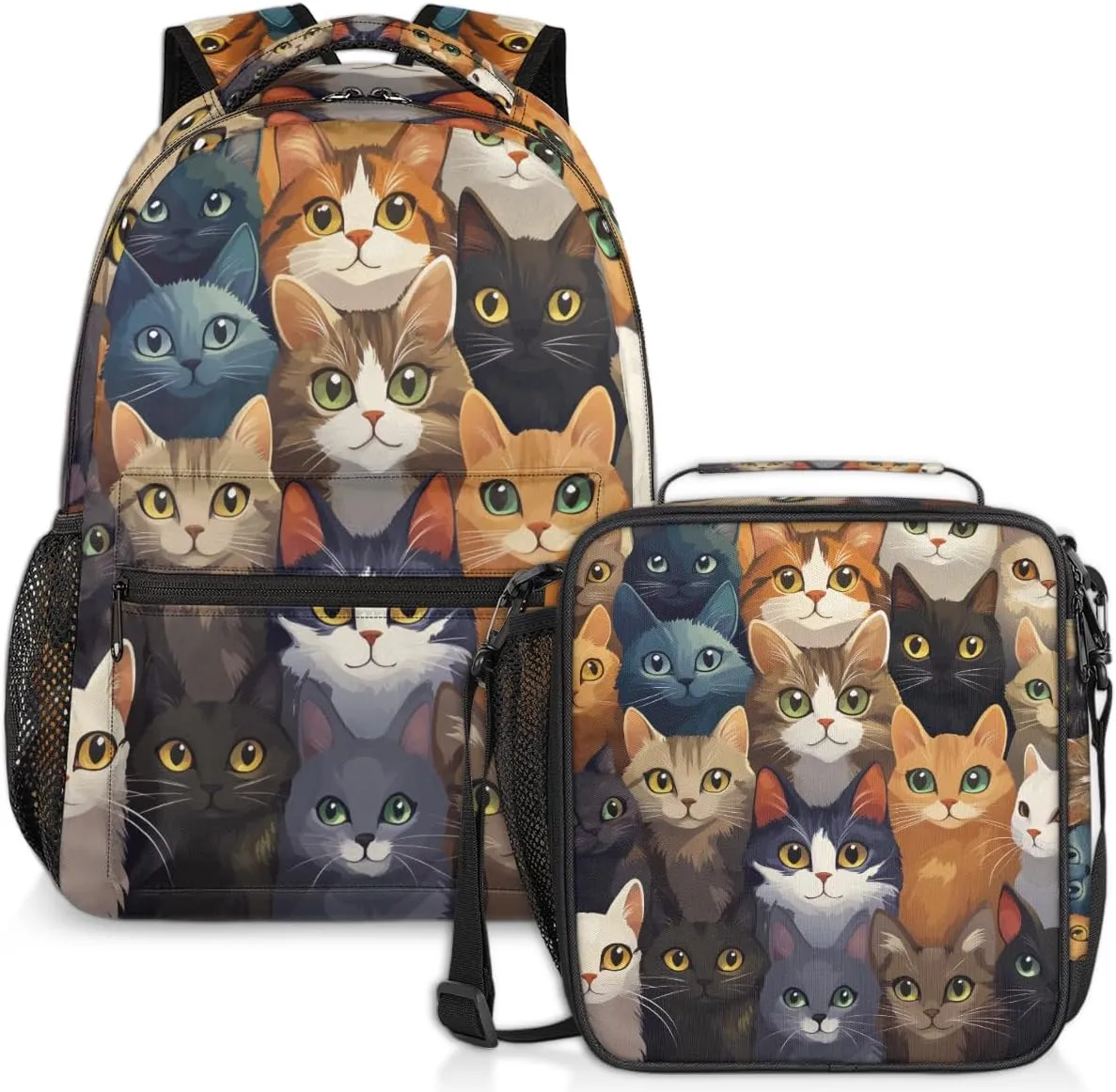 Meow Cats Lunch Backpack Colorful Animals Laptop Backpacks Set with Insulated Cooler Lunch Box Leak Proof Lunch Bag for Women Men Work Camping Travel Daypack