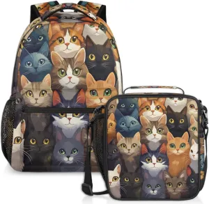 Meow Cats Lunch Backpack Colorful Animals Laptop Backpacks Set with Insulated Cooler Lunch Box Leak Proof Lunch Bag for Women Men Work Camping Travel Daypack