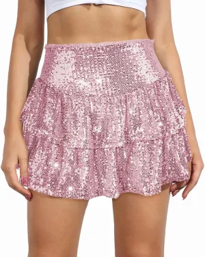 MiiVoo Womens Sequin Ruffle Mini Skirt Sparkly High Waist Lined Layered Flared Pleated Shiny Party Club Short Skirts