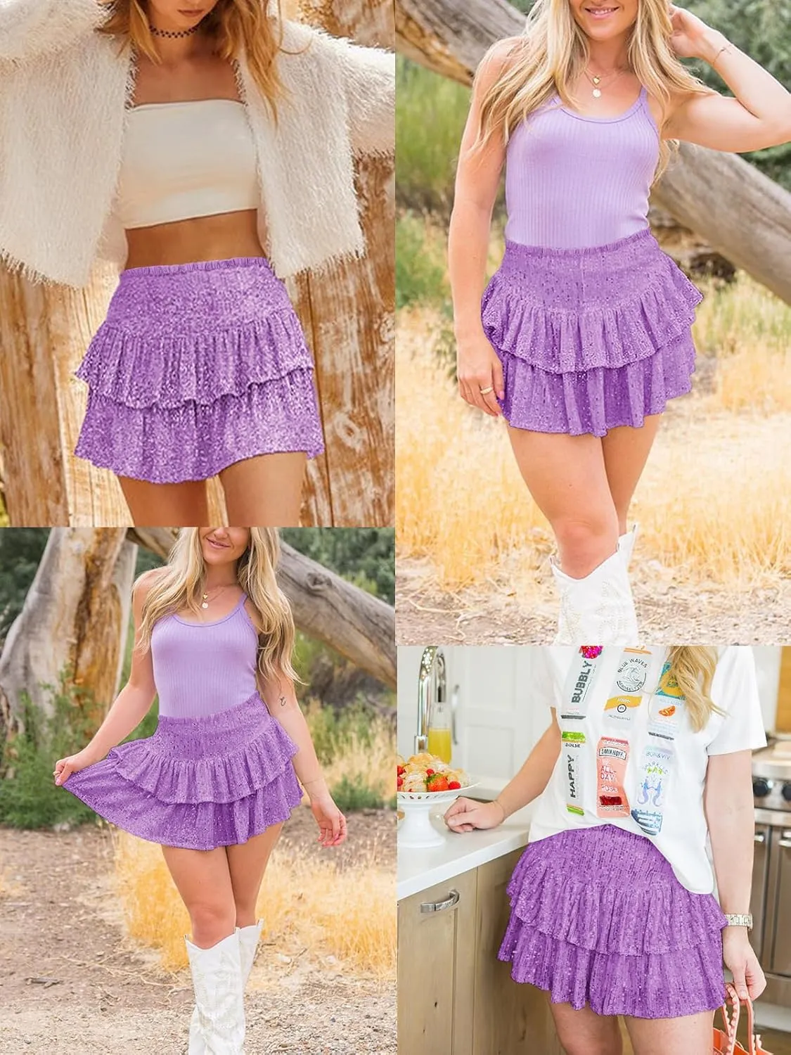 MiiVoo Womens Sequin Ruffle Mini Skirt Sparkly High Waist Lined Layered Flared Pleated Shiny Party Club Short Skirts
