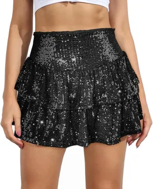 MiiVoo Womens Sequin Ruffle Mini Skirt Sparkly High Waist Lined Layered Flared Pleated Shiny Party Club Short Skirts
