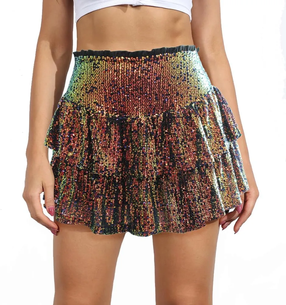 MiiVoo Womens Sequin Ruffle Mini Skirt Sparkly High Waist Lined Layered Flared Pleated Shiny Party Club Short Skirts