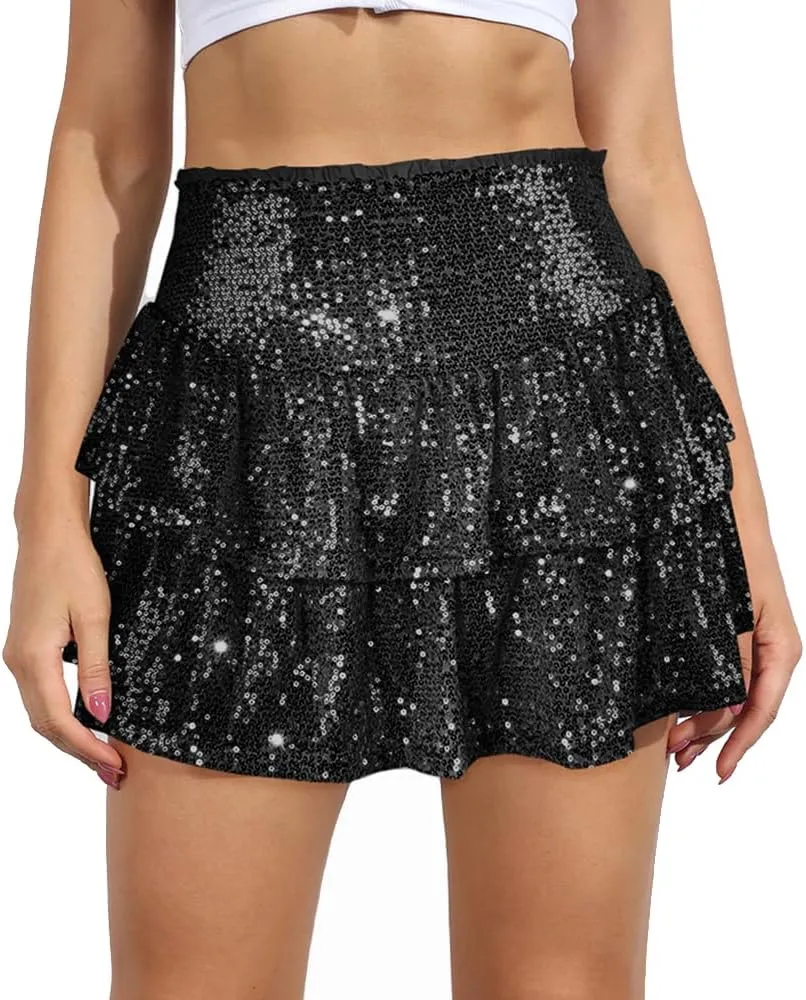 MiiVoo Womens Sequin Ruffle Mini Skirt Sparkly High Waist Lined Layered Flared Pleated Shiny Party Club Short Skirts