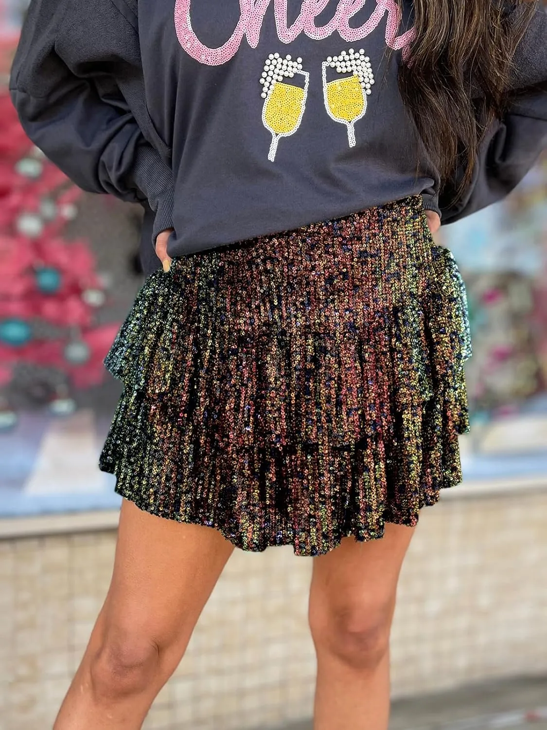 MiiVoo Womens Sequin Ruffle Mini Skirt Sparkly High Waist Lined Layered Flared Pleated Shiny Party Club Short Skirts