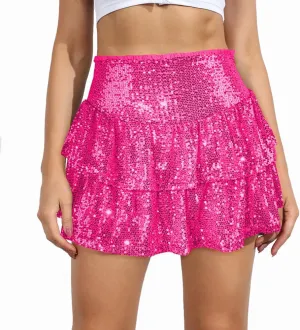 MiiVoo Womens Sequin Ruffle Mini Skirt Sparkly High Waist Lined Layered Flared Pleated Shiny Party Club Short Skirts