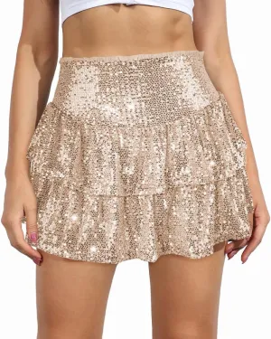MiiVoo Womens Sequin Ruffle Mini Skirt Sparkly High Waist Lined Layered Flared Pleated Shiny Party Club Short Skirts