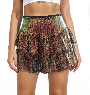 MiiVoo Womens Sequin Ruffle Mini Skirt Sparkly High Waist Lined Layered Flared Pleated Shiny Party Club Short Skirts
